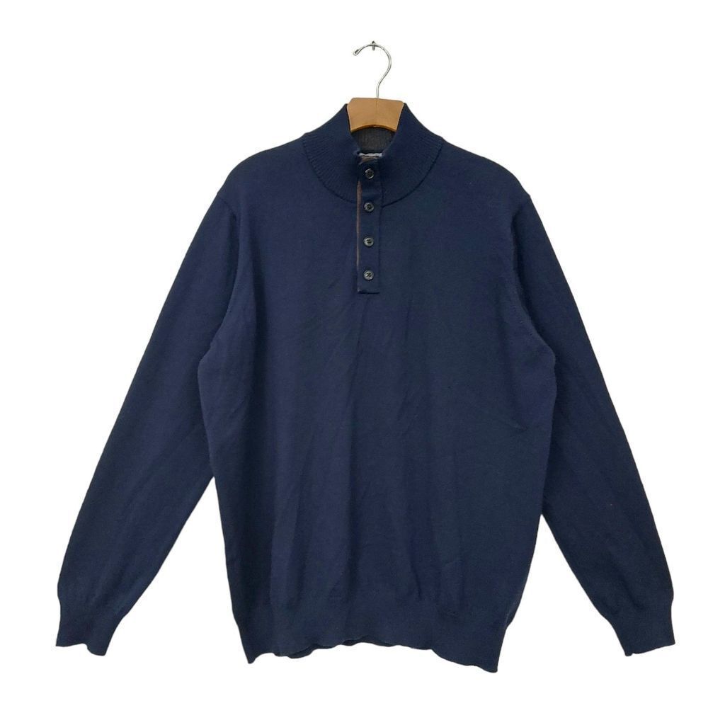 TD Thomas Dean Merino Wool Sweater Pullover Mens XL Navy 1/4 Button High Neck